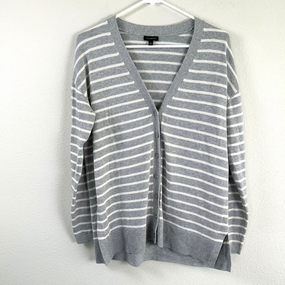 Talbots Cardigan Sweater Womens Size S Grey White Striped V Neck Button Front